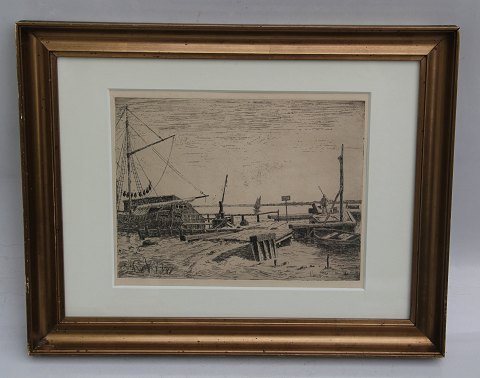 Etching: Habour motif  29.5 x 37 cm including the golden frame