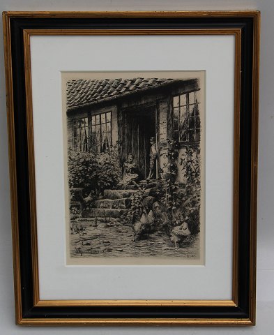 Radering: Peder Mønsted 1903 Paa Trappen 39 x 28 cm inklusiv træramm