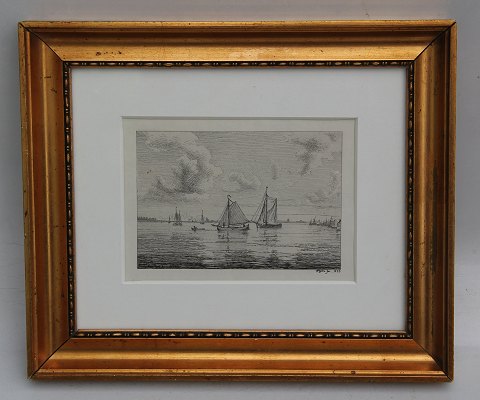 Etching : Wilhelm Kyhn 1853 Marine - sailship 25 x 29.5 cm including  Golden 
Frame _ Wilhelm Kyhn (1819-1903)