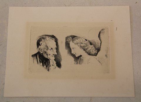 Frans Schwartz 1850-1917, maler og raderer Nr 54. 1898 Prøveplade med gammelt 
mandshoved efter Vautier og englehoved efter L. di Credi der er trykt 6 ekspl.  
Og pladen er udslebet Lysmål 7.3 x 10.5 cm
