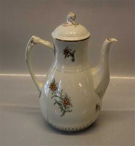 091 a Large coffee pot 26 cm 1 l (301) Mimer B&G Cream porcelain Edelweiss 
flower, gold rim, form 356

