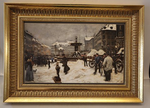 B&G Porcelain painting in golden frame 33.5 x 47 cm Paul Fisher (1860-1934) 
Vinterday on Gammeltorv square 1919 No 1613 of 1750
